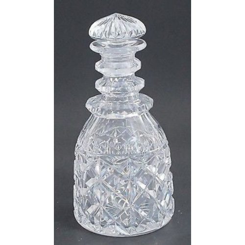 Hand Cut glass faceted 3 ring neck decanter crosscut with mushroom stopper