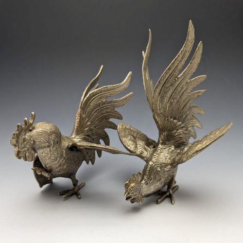 British Vintage Pewter Fighting Cock Figurine Pair Middle Size