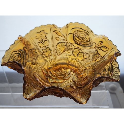 Carnival Glass scoloped edge bowl marigold roses