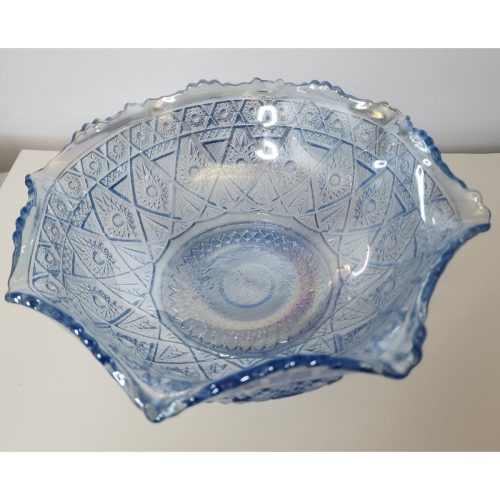 L E Smith Glass blue iridescent crimped bowl