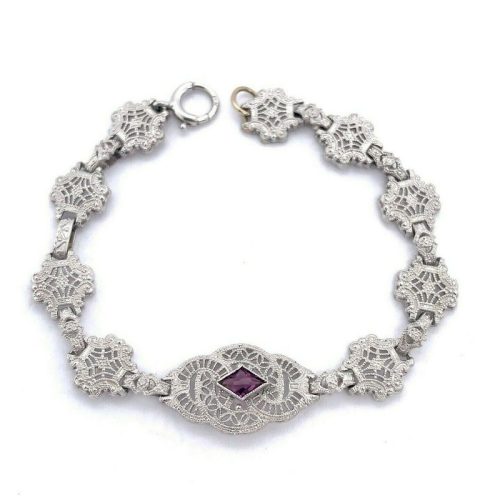 10k White Gold Filigree Child’s Bracelet Purple Paste Stone 5 3/4″ (#J5136)