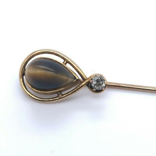 14k Yellow Gold Stick Pin with Genuine Natural Tiger’s Eye and Diamond (#J4998)