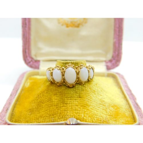 9ct Yellow Gold & Five-Stone Fire Opal Boat Ring Vintage c1970 Birmingham