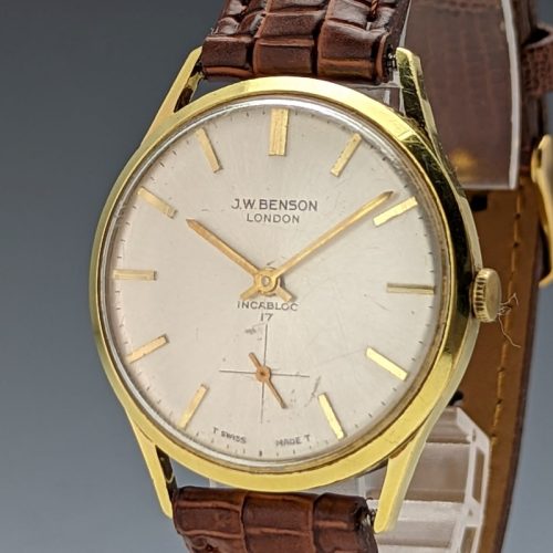 British vintage Benson men’s wristwatch gold plated case 17 stones works well
