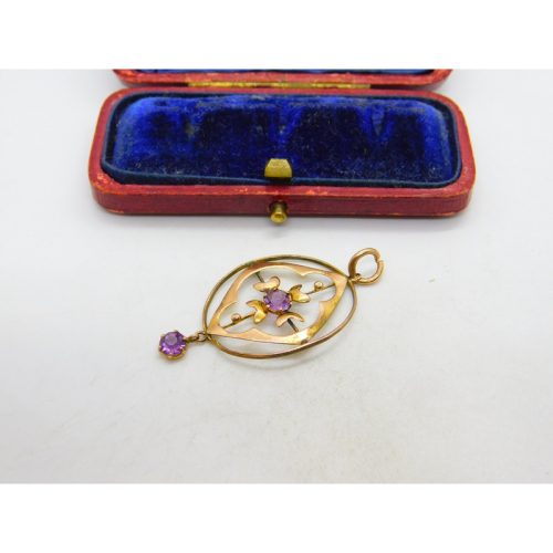 Edwardian 9ct Rose Gold Amethyst Set Lavalier Drop Pendant c1910 Antique