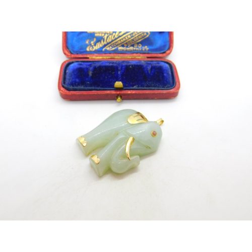 Large 14ct Yellow Gold Mounted Carved Jade Elephant Pendant Vintage c1960