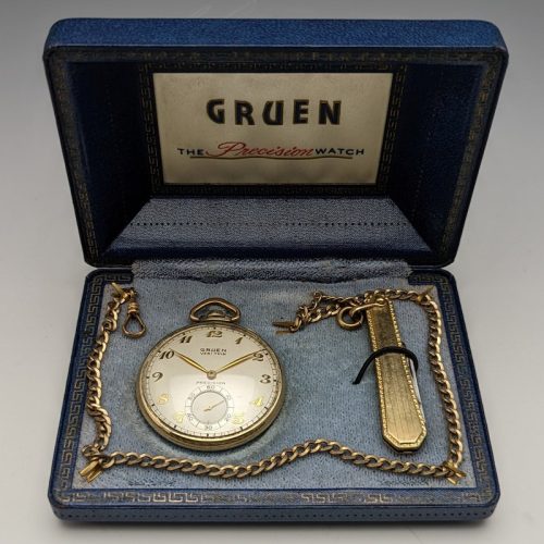 [Refurbished] US vintage Gruen pocket watch VERI-THIN with folding knife & Albert chain BOX