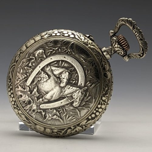 Swiss Made Vintage Enigma Pocket Watch with Horse Sculpture Alloy Case Working Good