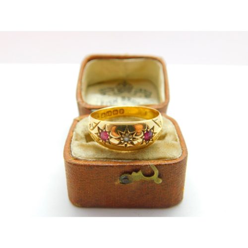 Victorian 18ct Gold, Diamond & Ruby Boat or Gypsy Ring 1889 Antique Birmingham