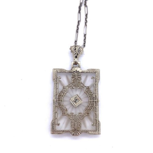 10k White Gold Filigree Genuine Natural Rock Crystal Diamond Pendant (#J4959)