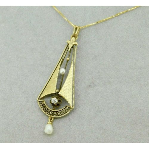 10k Yellow Gold Diamond and Pearl Lavaliere Pendant (#J4761)