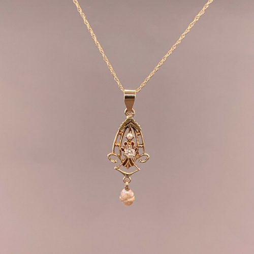 10k Yellow Gold Diamond and Pearl Lavaliere Pendant (#J4819)