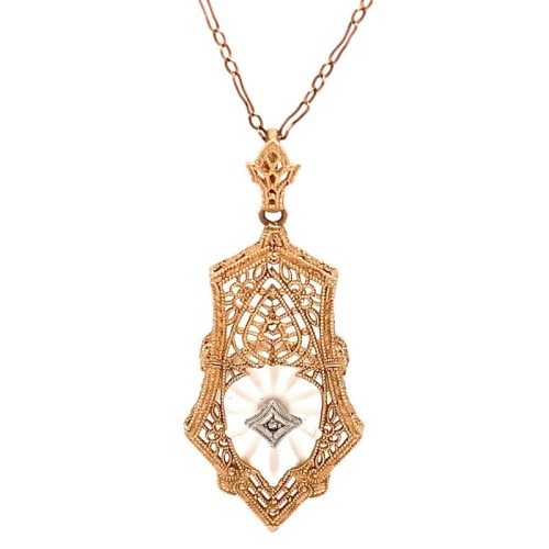 10k Yellow Gold Filigree Genuine Natural Crystal Quartz Pendant (#J4881)