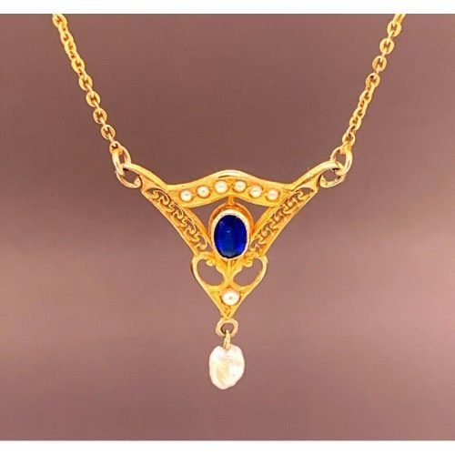 10k Yellow Gold Lavaliere Pendant Blue Glass Stone and Pearls (#J4805)