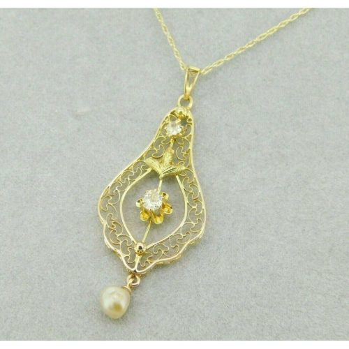 10k Yellow Gold Lavaliere Pendant Diamond Pearls 14k Chain (#J4812)