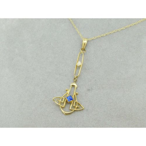 10k Yellow Gold Lavaliere Pendant with Blue Glass and Pearl (#J4762)