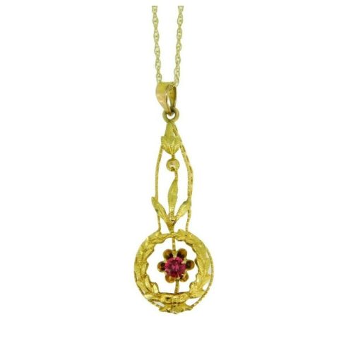 10k Yellow Gold Lavaliere Pendant with Red Glass and Applied Leaves (#J4764)