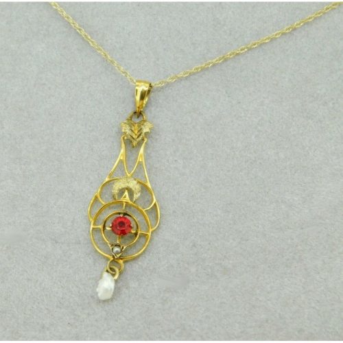 10k Yellow Gold Lavaliere Pendant with Red Glass and Pearl (#J4763)