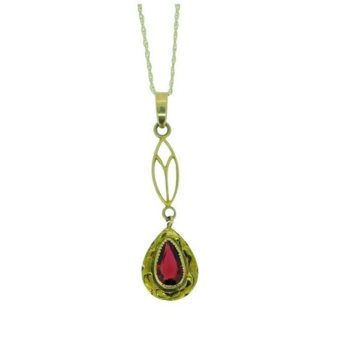 10k Yellow Gold Lavaliere Pendant with Red Glass Engraved Frame (#J4765)