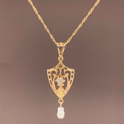 10k Yellow Gold Pierced Diamond and Pearl Lavaliere Pendant (#J4822)