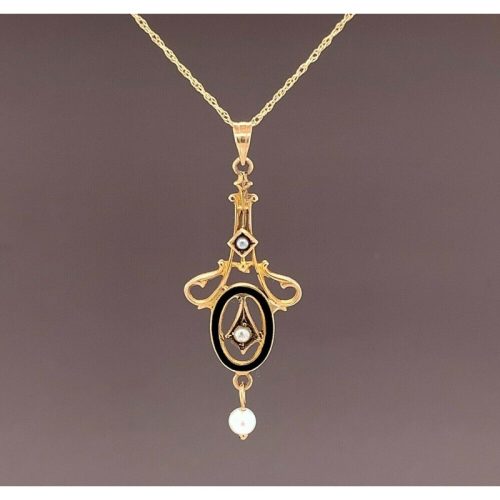 10k Yellow Gold Seed Pearls and Black Enamel Lavaliere Pendant (#J4956)