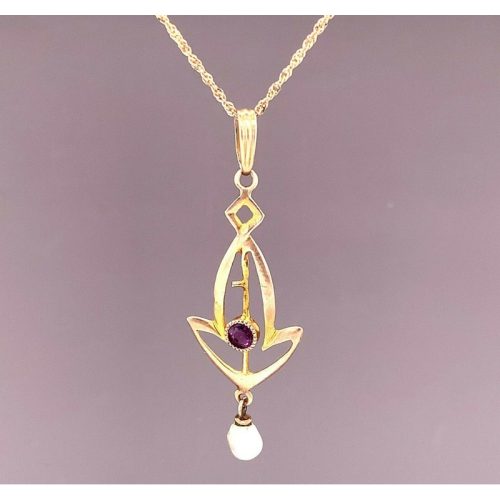 10k Yellow Gold Victorian Lavaliere Pendant with Purple Paste Stone (#J4958)