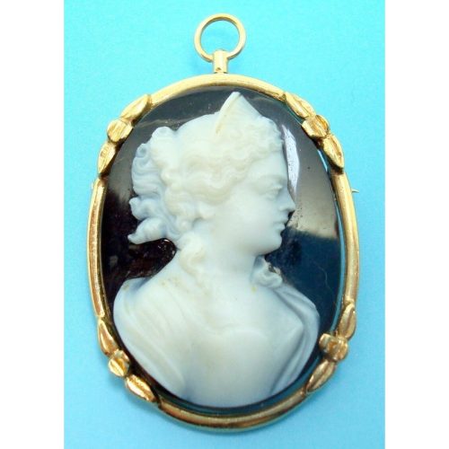 14k Gold Black and White Genuine Natural Hard Stone Cameo Pin Pendant (#J2925)