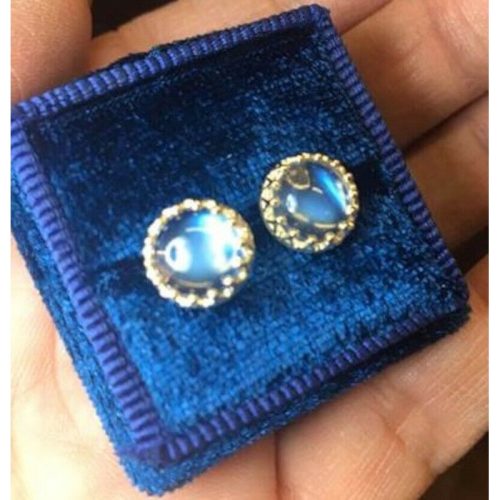 14k Gold Genuine Natural Moonstone Stud Earrings Blue Flash (#J4897)