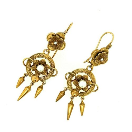14k Victorian Pearl Dangle Drop Earrings (#J4780)