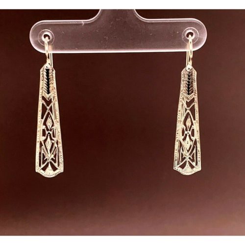 14k White Gold Art Deco Filigree Earrings Wire Hooks (#J4811)