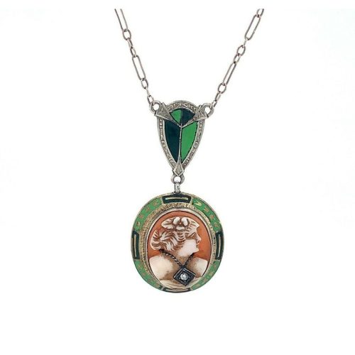14k White Gold Deco Enamel and Diamond Genuine Natural Cameo Pendant (#J4966)