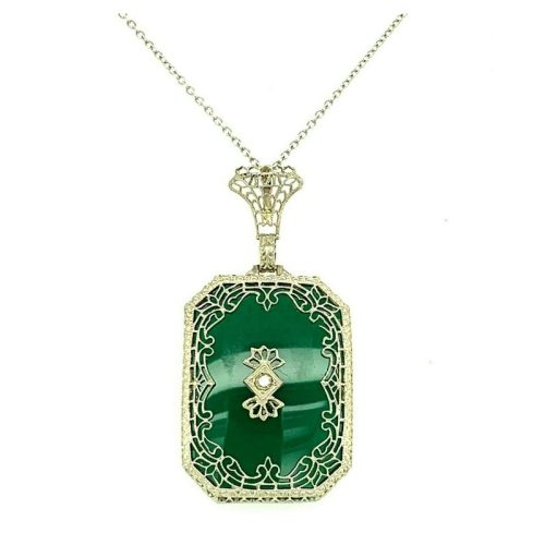 14k White Gold Filigree Genuine Natural Chrysoprase Pendant w/ Diamond (#J4783)