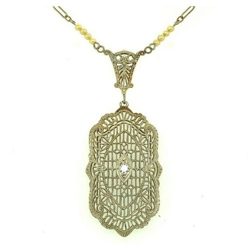 14k White Gold Filigree Genuine Natural Diamond Necklace (#J4785)