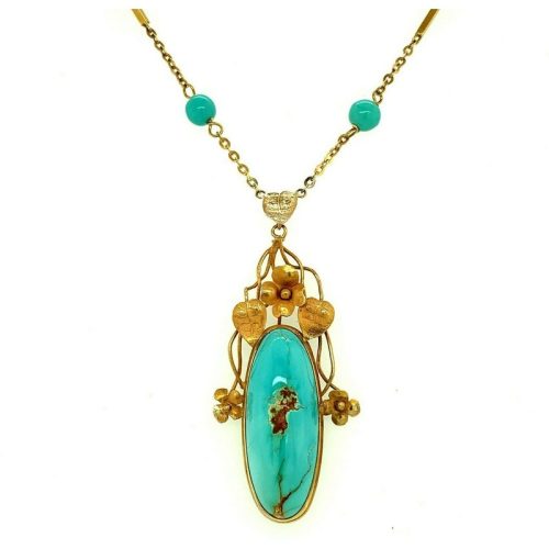 14k Yellow Gold Handmade Arts and Crafts Turquoise Necklace (#J4786)
