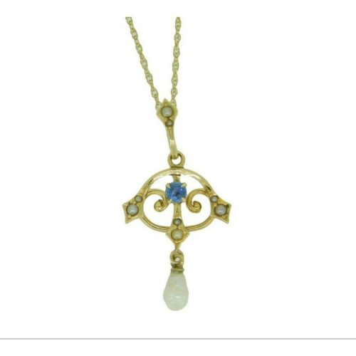 14k Yellow Gold Lavaliere Pendant Blue Sapphire and Pearls (#J4802)