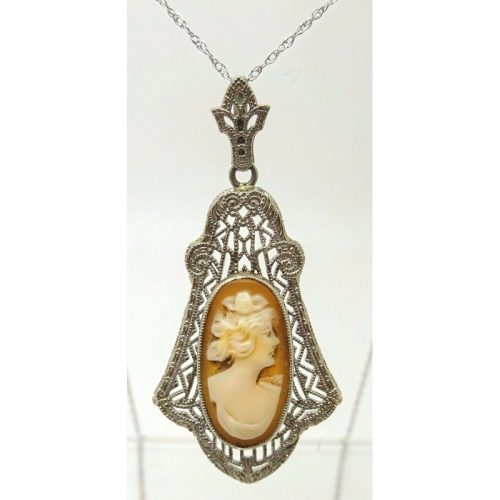 Art Deco 10k White Gold Filigree Genuine Natural Shell Cameo Pendant (#J3547)