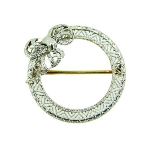 Art Deco 14k White Gold Filigree Bow Ribbon Pin (#J4749)