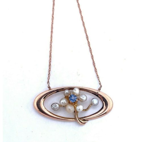 Art Nouveau 14k Rose Gold Sapphire and Pearl Flower Pendant (#J5150)