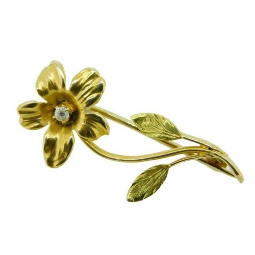 Art Nouveau 14k Yellow Gold Cast Flower Genuine Natural Diamond Pin (#J4750)