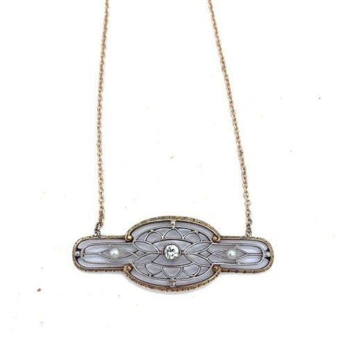 Edwardian 14k White and Yellow Gold Diamond and Pearl Pendant (#J5152)