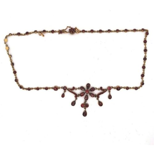 Genuine Natural Bohemian Garnet Necklace with Floral Drops (#J4816)