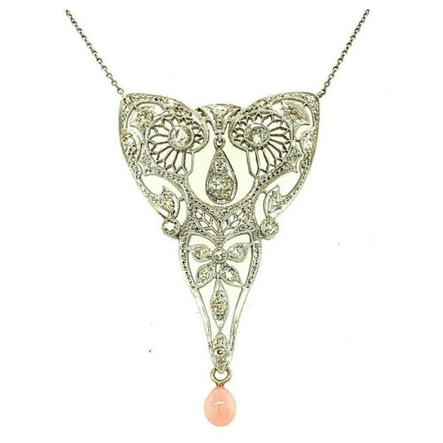Large Platinum Diamond Necklace with Conch Pearl (#J4784)