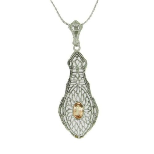 10K White Gold Filigree Genuine Natural Precious Topaz Pendant (#J4714)