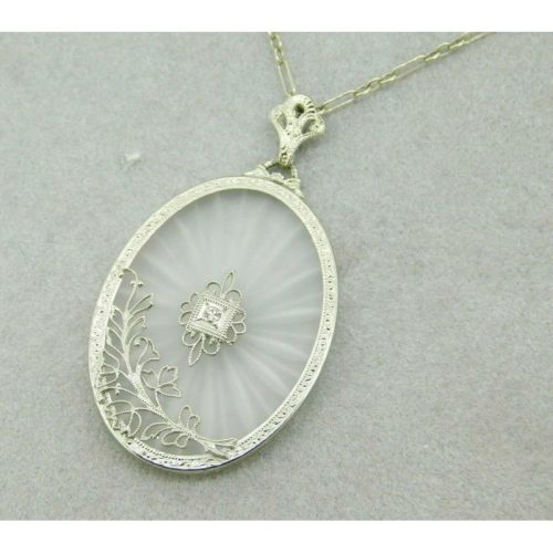 10k White Gold Genuine Natural Camphor Rock Crystal Diamond Pendant (#J4670)