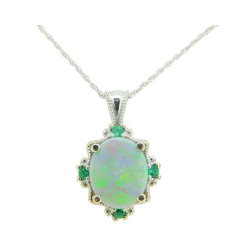 14k Gold 2.30ct Genuine Natural Opal and Emerald Pendant with 18″ Chain (#4189)