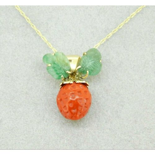 14k Gold Coral Strawberry Pendant Carved Emerald Leaves (#J4446)