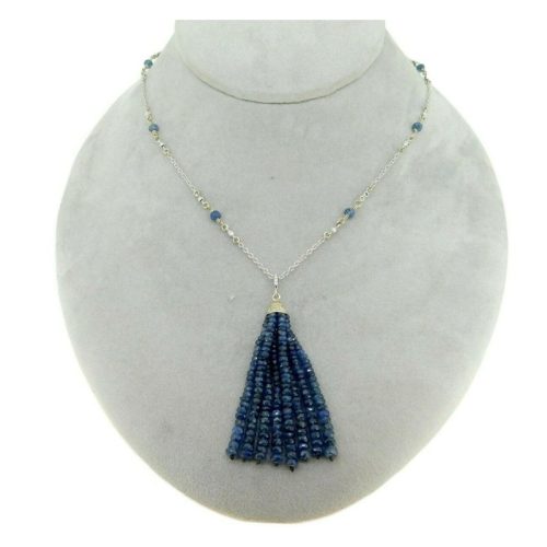 14k White Gold Genuine Natural Diamond and Blue Sapphire Tassel Pendant (#J4682)