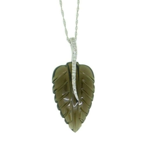 14k White Gold Genuine Natural Smoky Quartz and Diamond Leaf Pendant (#J674)