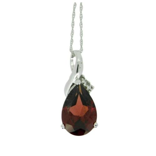 14k White Gold Pear Shape Genuine Natural Garnet and Diamond Pendant (#J1747)
