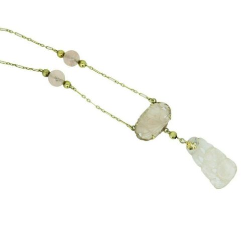 14k Yellow Gold Carved Genuine Natural Rose Quartz Necklace (#J4681)